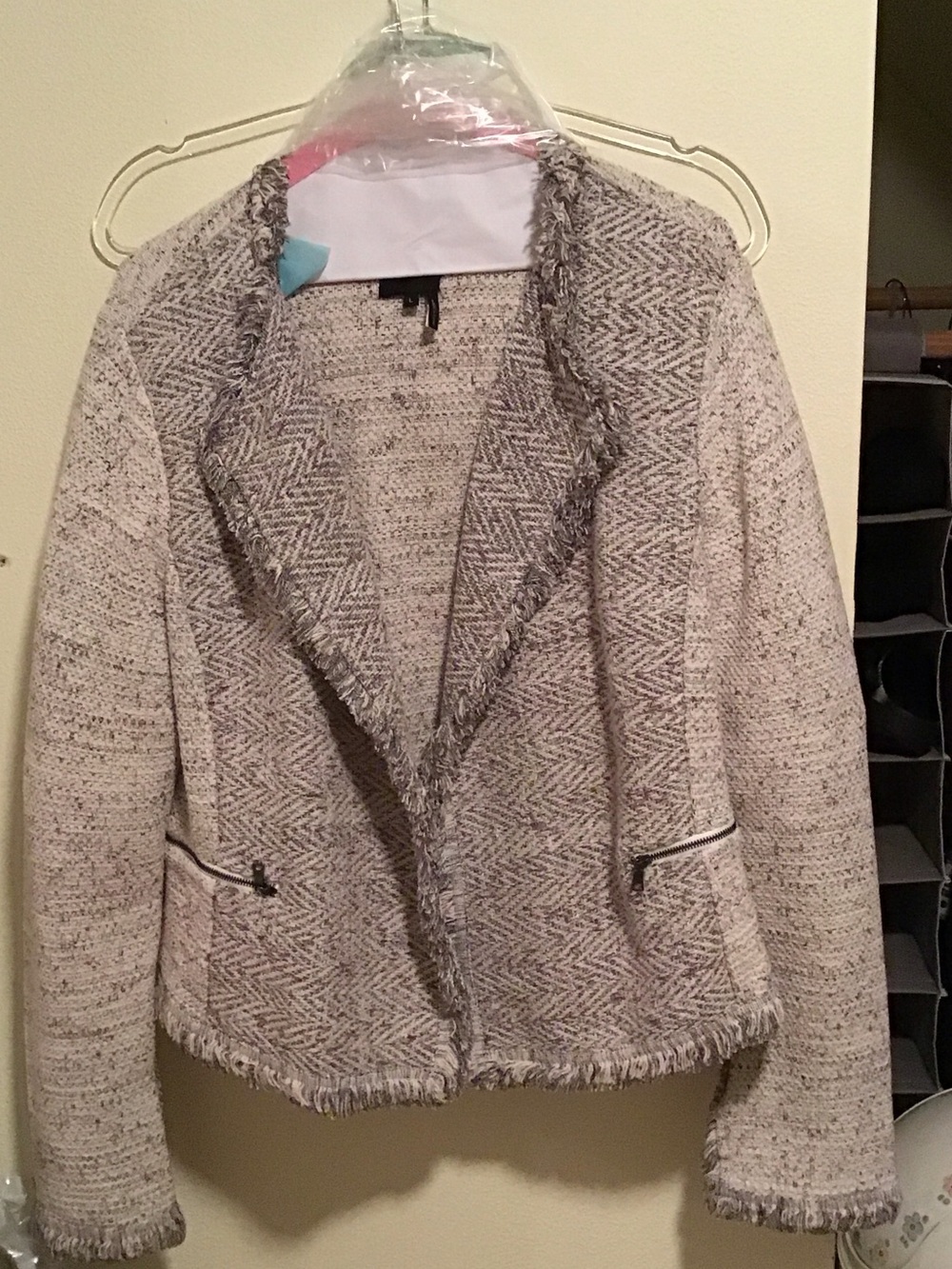 NIC+ZOE Cream and Gray Tweed Fringe Open-Front Blazer